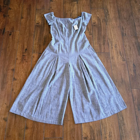 Free People Women’s Jumpsuit Rumi Blue Off The Shoulder Pleated Wide Leg Size 12 - Picture 4 of 12